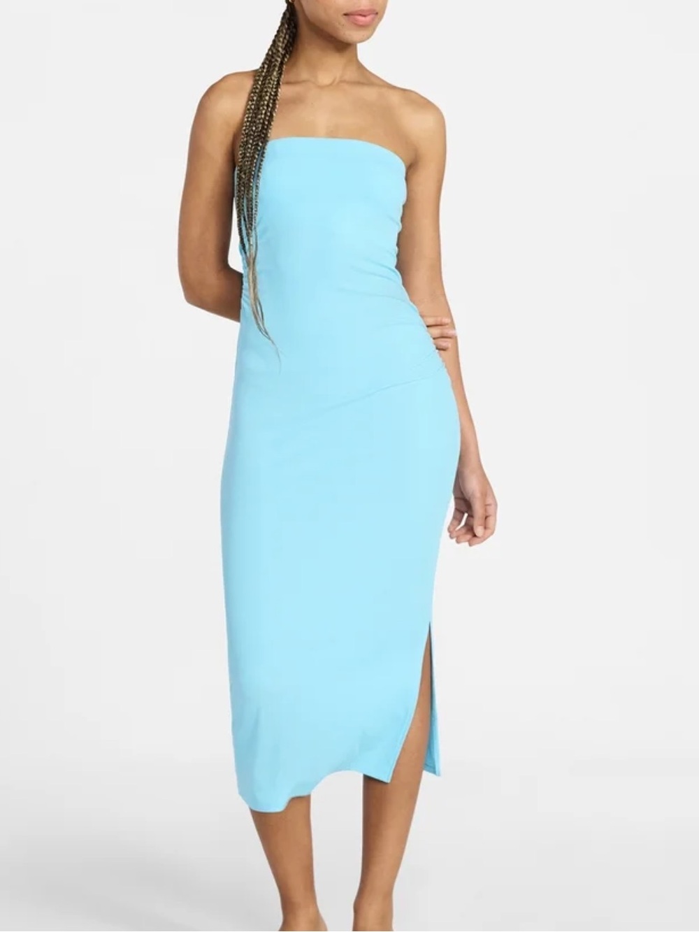 No Boundaries Strapless Light Blue Midi Dress with Side Slit